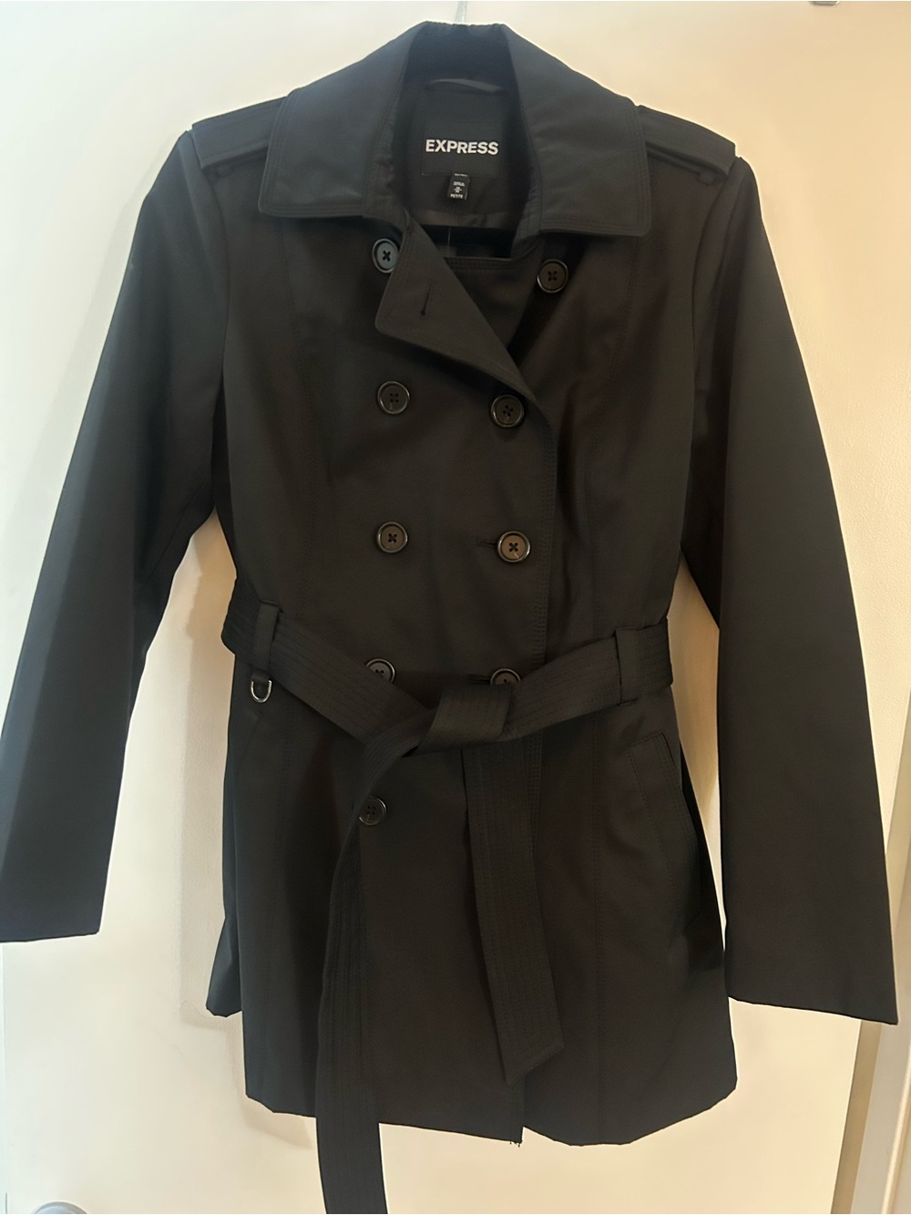 Express Black Double-Breasted Trench Coat with Belt